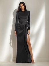 baratos Vestidos de noite tipo tubinho-Vestido de Noite Black Tie Sereia  Trompete Vestido Elegante Formal Casamento Comprimento de Piso Manga Longa Vestido de Cetim Decote Redondo com Laço(s) Fenda com Pregas