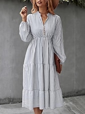 ieftine Rochie cu dungi și geometrică-Pentru femei Rochii Midi Rochie A line Casual Zilnic Potrivire Largă Dungi Manșon Lung În V Negru Albastru piscină Trifoi Primăvară Toamnă