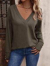 billige Plain t-skjorte-Dame Bluse Helfarge Stilfull Fritid Langermet V-hals Vanlige topper Daglig Knapper Svart Hvit Vin Militærgrønn Navyblå Sommer Vår