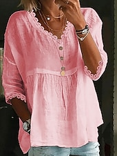 cheap Plain Tops-Women&#039;s Cotton Linen Shirts Solid Color Basic Casual 3/4 Length Sleeve V Neck Regular Tops Daily Lace Patchwork White Pink Sky Blue Summer