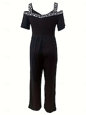 cheap Art&amp;Design Jumpsuit-Women's Normal Jumpsuit Elegant Geometric Short Sleeve Wide Leg V Neck Patchwork High Waist Party Work Regular Fit Black Wine Blue Summer