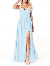 baratos Vestidos para Madrinhas-Vestido de dama de honra em corte A, decote em V, sem mangas, elegante, longo, em chiffon com pregas / frente aberta / franzido 2025