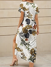 ieftine Rochii florale-Pentru femei Rochie Maxi Rochie casual Rochie de Vară Rochie A line Elegant Vacanță Casual Plajă Fit regulat Floral Grafic Frunză Manșon scurt În V Negru și Alb Galben Roșu-aprins Albastru piscină