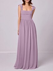 baratos Vestidos para Madrinhas-Vestido de madrinha linha A, alças, sem mangas, elegante, longo, chiffon, com pregas / franzido, 2025
