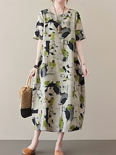 cheap Print Cotton &amp; Linen Dresses-Women&#039;s Maxi Dress Summer Dress Casual Daily Regular Fit Graphic Short Sleeve Crew Neck Gray Summer