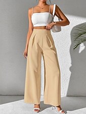 abordables jambe large et taille haute-Femmes Slacks Pantalon palazzo Mode Streetwear Longueur complète Naturel Uni Taille Élastique Extérieur Confortable Fête Week-end Abricot Noir Blanche Beige Automne Coupe régulière