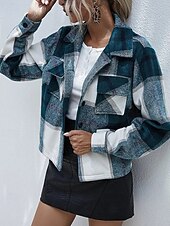 preiswerte Hemdjacken-Damen Hemdjacke Freizeitjacke Bequem Tasche Knöpfe Mode Outdoor Karomuster Ausgehen Wochenende Reisverschluss Regulär Revers Normale Passform Langarm Oberbekleidung Grün Grau Herbst Winter