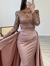 preiswerte Rosa-Meerjungfrauenschnitt Abendkleid Elegant Kleid Karneval Formell Bodenlang Langarm Illusionsausschnitt Abnehmbar Satin mit Perlen Überrock 2025