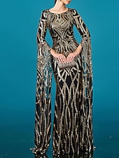 abordables Robes de bal-Robe de soirée en forme de sirène/trumpet élégante mariage longue à partir du sol à manches longues col rond en satin sequins avec fente