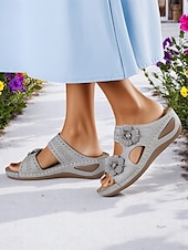 cheap Comfort Sandals-Women’s Arch-Support Wedge Sandals with Floral Cutout and Massage Insole, Comfortable Daily Wear for Shopping, Vacation and Summer Picnics
