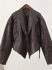 economico Giacche in finta pelle-Per donna Giacca in Ecopelle Caldo Confortevole Allacciato Tasca Moda All&#039;aperto Semplice All&#039;aperto Streetwear Uscire Regolare Collo ripiegato Vestibilità regolare Manica Lunga Capispalla Nero