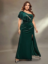 ieftine verde-Rochie de Seară A-Line Elegantă Rochie Formală pentru Nuntă Lungime Podea Fără Mâneci Pe Umăr Catifea cu Fendă