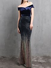cheap RED-Mermaid / Trumpet Evening Gown Elegant Dress Formal Wedding Floor Length Short Sleeve Off Shoulder Velvet with Beading