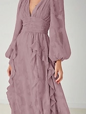 baratos Comprimento do chão-Linha A Vestido Para Mãe dos Noivos Formal Convidado do casamento Elegante Simples Minimalista Decote V Longo Chiffon Renda Manga Longa com Franzido Babados em Cascata 2025