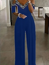 cheap Art&amp;Design Jumpsuit-Women's Normal Jumpsuit Elegant Geometric Short Sleeve Wide Leg V Neck Patchwork High Waist Party Work Regular Fit Black Wine Blue Summer