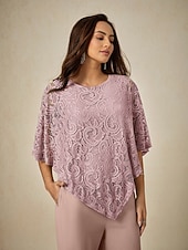 Недорогие Нарядные блузки-Жен. Блуза Нарядные Топы Полотняное плетение Элегантный стиль Рукав до локтя Вырез под горло Обычные топы Свадебный гость Повседневные Кружева Пэчворк Многослойный Румяно-розовый Лето Весна