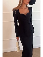 preiswerte Mamas Kleidersets-Zweiteiliges Fisch  Trompete Mutter der Braut Kleid Elegantes Peplum Kleid Set Einfach Minimalistisch Quadrat-Ausschnitt Tee Länge Krepp Stretchstoff Lange Ärmel mit einfarbig