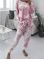 tanie Doły i topy do spania dla kobiet-Damskie Zestawy piżamowe Codzienny Wygoda Wzór tie-dye Elastyczny pas Podkoszulek Nogawka Dom Codzienny Długi rękaw Półgolf Rumiany róż Niebieski Zielony Tęczowy Szary Lato Wiosna Jesień Regularny
