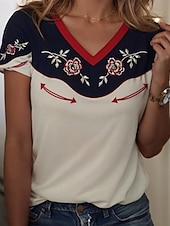 billige Boho t-skjorte-Dame T skjorte Blomstret Grafisk Geometrisk Bohem Årgang Tropisk Kortermet Crew-hals Vanlige topper Daglig Ut på byen Helg Trykt mønster Blå matt-hvit Sommer Vår