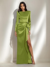 baratos Vestidos de noite tipo tubinho-Vestido de Noite Black Tie Sereia  Trompete Vestido Elegante Formal Casamento Comprimento de Piso Manga Longa Vestido de Cetim Decote Redondo com Laço(s) Fenda com Pregas