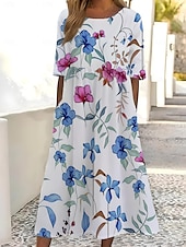 abordables Vestido Floral-Mujer Vestido Midi Vestido estilo camiseta Vestido de verano Vestido de una línea Vacaciones Casual Cumpleaños Diario Fiesta de Té Ajuste regular Ombre Floral Graphic Manga Corta Cuello Barco Blanco