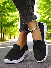 billige Sneakers til kvinner-Grå flyknit slip-on-sneakers til dame – hverdagssko for turgåing, ærender og fritid i parken
