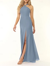 baratos Vestidos para Madrinhas-Vestido de dama de honra sereia/trompete, decote halter, sem mangas, elegante, longo, chiffon, com fenda frontal 2025