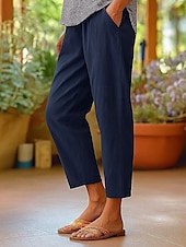 economico Pantaloni in lino e cotone semplici-Pantaloni da donna in cotone e lino, stile etnico vintage, alla caviglia, vita alta, tinta unita, comodi, traspiranti, morbidi, microelastici, verde militare, rosso scuro, nero, bianco, estivi, primaverili, vestibilità ampia.