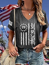 economico Magliette Giorno dell’Indipendenza-T-shirt patriottica da donna con grafica bandiera americana vintage stilosa classica a maniche corte collo a V regolare stampa quotidiana nero blu navy grigio scuro estate primavera
