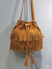 tanie Torby na ramię-damska torebka typu wiaderko ze sztucznego zamszu z frędzlami – boho torebka typu crossbody ze ściągaczem na niezobowiązujące wyjścia, festiwale i codzienne noszenie