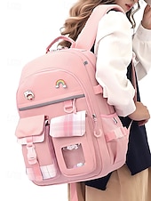 abordables Sacs à dos de Collège-Sac à dos de campus pour fille mignonne - design multi-poches, coutures à carreaux, léger et imperméable, grande capacité, adapté aux déplacements quotidiens noir rose bleu ciel