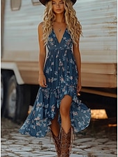preiswerte Boho Kleider-Damen Minikleid A Linie Kleid Unterkleid Urlaub Party Lässig Outdoor Ausgehen Strand Standard Passform Blumen Grafik Ärmellos Spaghettiträger Blau Sommer Frühling