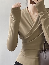 abordables Hauts Unis pour Femmes-Femmes Chemisier Uni Moderne Occasionnel manche longue Col en V Hauts Réguliers Quotidien Fête Froncé Noir Blanche Marron clair Automne