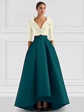 cheap BLUE-Blue Red A-Line Satin Formal Evening Gown Elegant Fall Wedding Guest Dress Tuxedo Dress Asymmetrical 3/4 Length Sleeve Shirt Collar with Pocket
