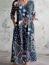 cheap Floral Dress-Women&#039;s Midi Dress A Line Dress Casual Outdoor Going out Loose Fit Floral Graphic 3/4 Length Sleeve V Neck Red Blue Purple Green Summer Spring Fall