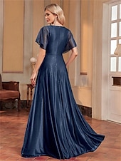 preiswerte BLAU-A-Linie Quinceanera Kleider Elegantes Kleid Formelle Hochzeit Bodenlang Kurzarm V-Ausschnitt Chiffon mit Falten