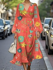abordables Robes Floraux Imprimés-Femmes Robe Midi Robe Décontractée Robe Imprimée Élégant Mode Extérieur Soirée Fête Coupe régulière Fleur manche longue Col en V Orange Été Printemps