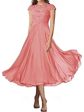 billiga Te Längd-A-linjeformad bröllopsfestmammas klänning elegant enkel krage ankellängd chiffon kort ärm med veck solid färg