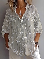 tanie Kwiatowe topy-Damskie Koszula Bluzka Kwiaty Graficzny Zabytkowe Codzienny Elegancki Długi rękaw Kołnierzyk koszuli Zwykłe topy Codzienny Święto Wyjściowe Z marszczeniami Haft Guziki Niebieski Khaki Jasnoszary Lato