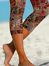 cheap Floral Print-Women's Capri Pants Leggings Vacation Vintage Ethnic Style Calf-Length High Waist Floral Graphic Leaf Soft Comfortable Breathable Stretchy Casual Daily Vacation Maroon Azure Orange red Summer Spring