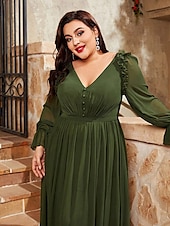 preiswerte GRÜN-A-Linie Abendkleid Elegantes Kleid Formelles Hochzeitsbodenlänges Lange Ärmel V-Ausschnitt Chiffon V-Rücken mit Falten