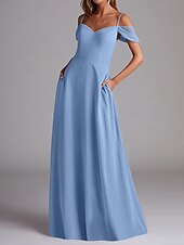 baratos Vestidos para Madrinhas-Vestido de Madrinha A-Line Alça Fina Manga Curta Elegante Comprimento Total Chiffon com Cor Sólida 2025