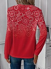 abordables T-shirt Boho-Femmes T-shirt Graphique Dégradé de couleur ancien Moderne Occasionnel manche longue Col en V Hauts Réguliers Quotidien Week-end Fermeture éclair Imprimé Rouge Bleu Violet Vert Été Printemps
