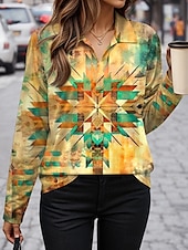 billige Boho t-skjorte-Dame T skjorte Grafisk Geometri Årgang Stilfull Fritid Langermet V-hals Skjortekrage Vanlige topper Daglig Trykt mønster Gul Rosa Blå Lilla Kakifarget Høst Vinter