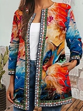 preiswerte Freizeitjacken-Damen Freizeitjacke Warm Bequem Tasche Mode Modern Blumen Straße Ausgehen Regulär Kragenlos Normale Passform Langarm Oberbekleidung Rote Purpur Orange Herbst Winter