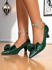 ieftine Tocuri de Damă-Tocuri cu vârf ascuțit și fundă verde închis pentru femei – tocuri medii din piele lăcuită, stil vintage pentru serviciu, petreceri și ocazii elegante
