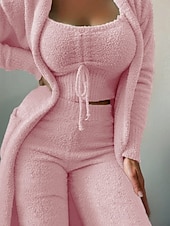 preiswerte Damen Schlafoberteile und -unterteile-Damen Schlafanzug Set 3-teilig Lässig Komfort Einfarbig Elastischer Bund Fuzzy Strickjacke Hose Heim Täglich Langarm Rundhalsausschnitt Schwarz Weiß Rosa Rote Grün Herbst Winter Normale Passform