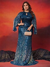 abordables BLEU-Robe Sirène  Trompette Grande Taille Élégante Robe Courbée Formelle Mariage Longue Traîne Manches Longues Col Arrondi en Polyester avec Fente 2025
