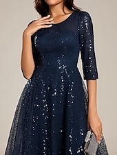 cheap Wedding Guest Dresses-A-Line Wedding Guest Dresses Elegant Dress Wedding Guest Homecoming Knee Length Half Sleeve Crew Neck Sequined with Pleats Sequin
