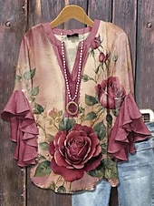 ieftine Topuri florale-Pentru femei Bluză Floral Grafic Elegant Boemia Έθνικ Lungime Manșon 3/4 În V Topuri obișnuite Zilnic Concediu Îmbrăcăminte de vacanță Bufantă Imprimeu Roz Îmbujorat Roșu-aprins Albastru piscin